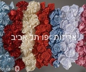 products-IMG_7868-copy שורות של פרחי סרט סאטן בצבעים אדום, שמנת, כחול, ורוד ולבן מסודרים לפי צבע. שם המוצר אפלקציות פרחי בד וכתובת אתר האינטרנט מופיעים מעל התצוגה.
