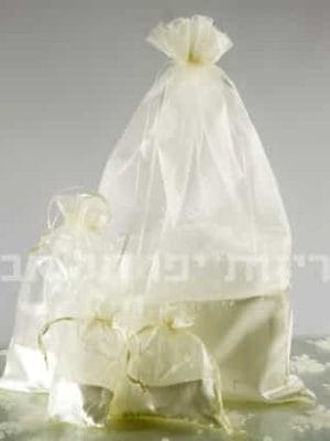 products-IMG_7336 שקיות אורגנזה משולב סאטן, שקיות מתנה לבנות שקופות עם שרוכים, מסודרות על משטח דקורטיבי ומוקפות בשקיות קטנות תואמות, יוצרות מגע אלגנטי לכל אירוע.