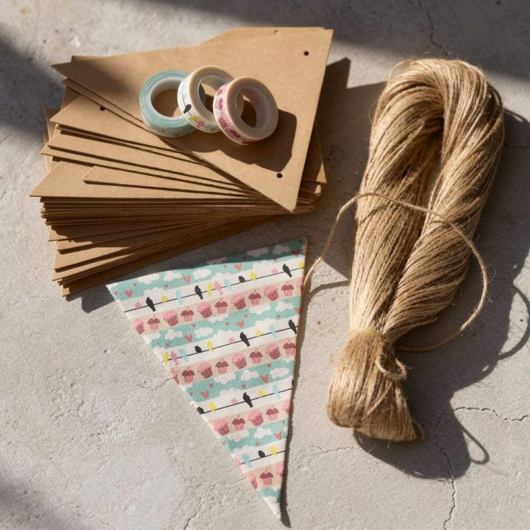 ערכת DIY דגלונים מלוחות נייר קראפט עם סרטים דקורטיביים וחוט麻 לעיצוב אירועים ומסיבות